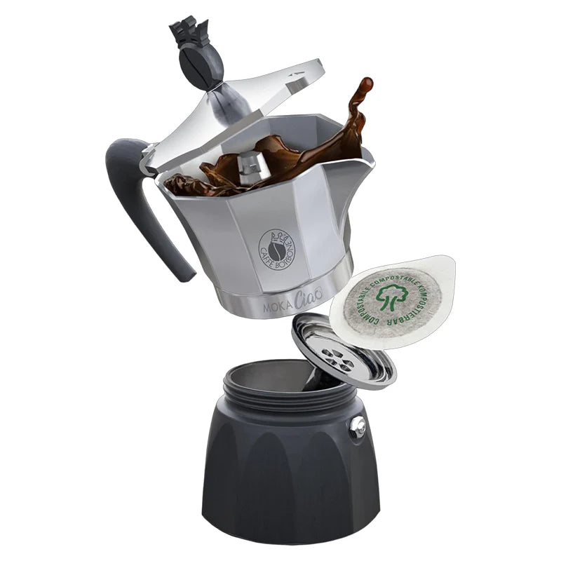 CAFFE'' BORBONE MOKACIAO - CAFFETTIERA MOKA A CIALDE 44MM - FINO A 3 CAFFE'' CON UNA CIALDA + 15 CIALDE OMAGGIO